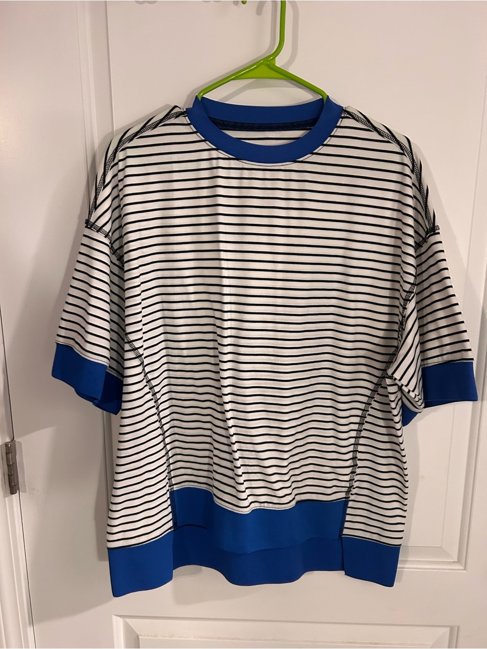 Striped Short Sleeve Shirt with Bold Blue Trim